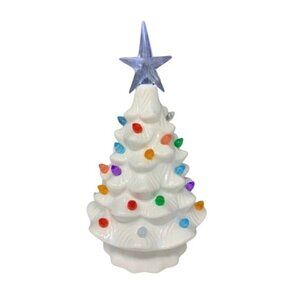 Nostalgia White Christmas Tree 8in Ceramic Light Up Holiday Seasonal Winter Retr